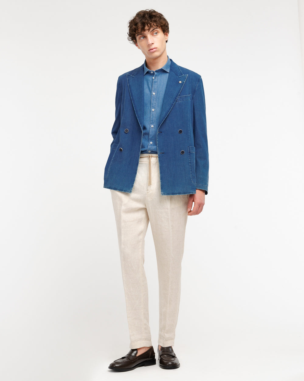 blue denim double breasted blazer