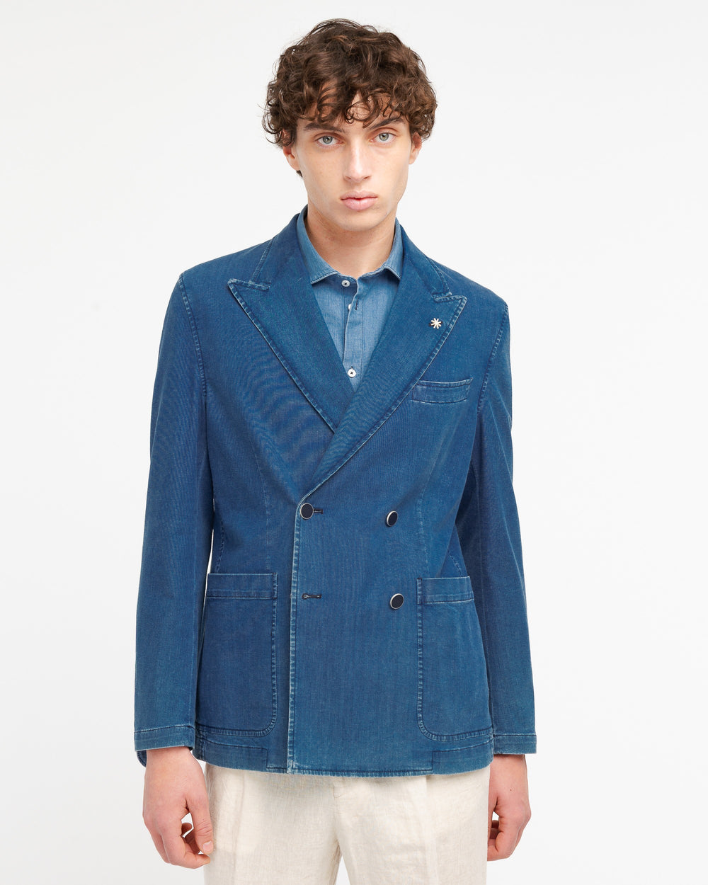 blue denim double breasted blazer