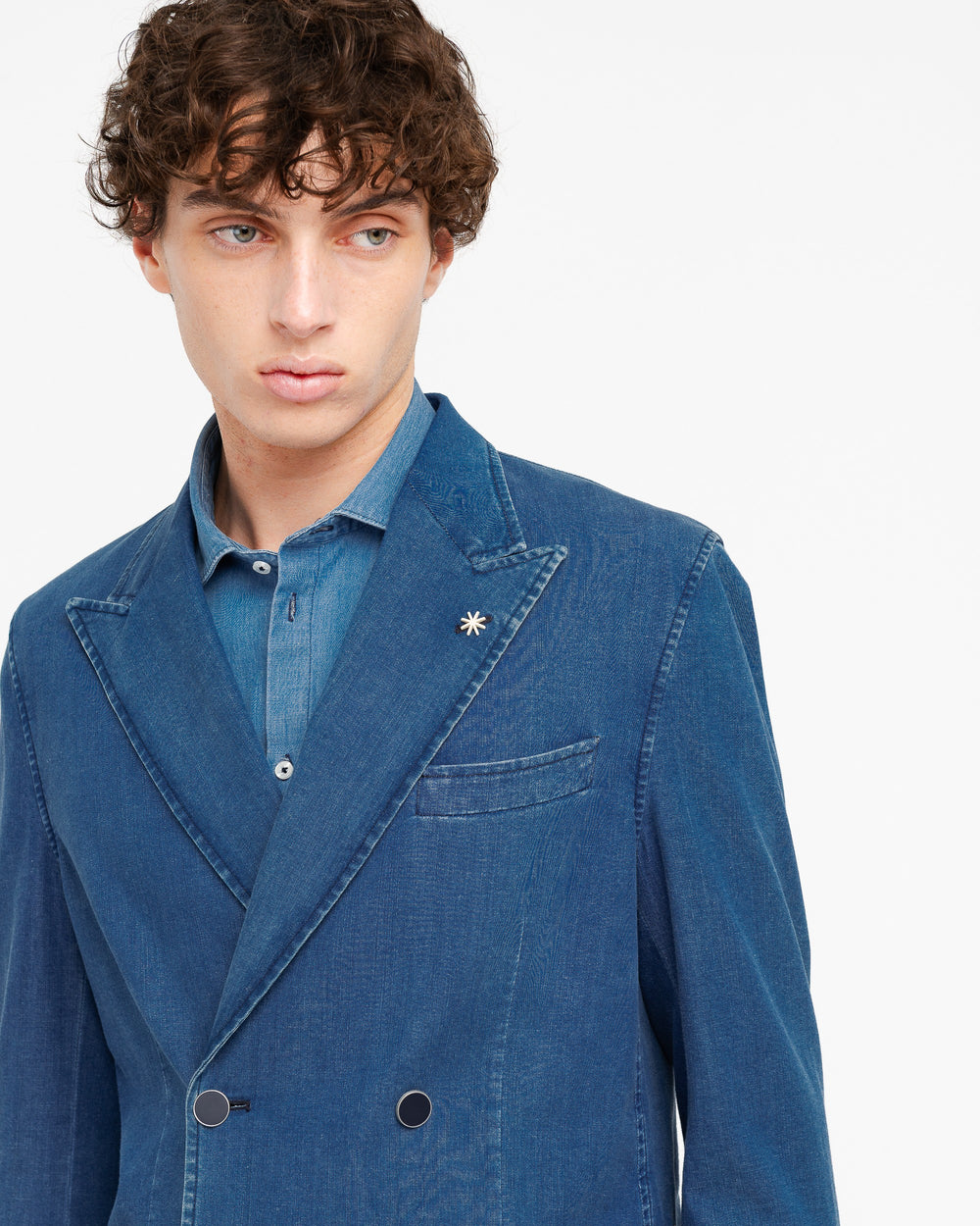 blue denim double breasted blazer