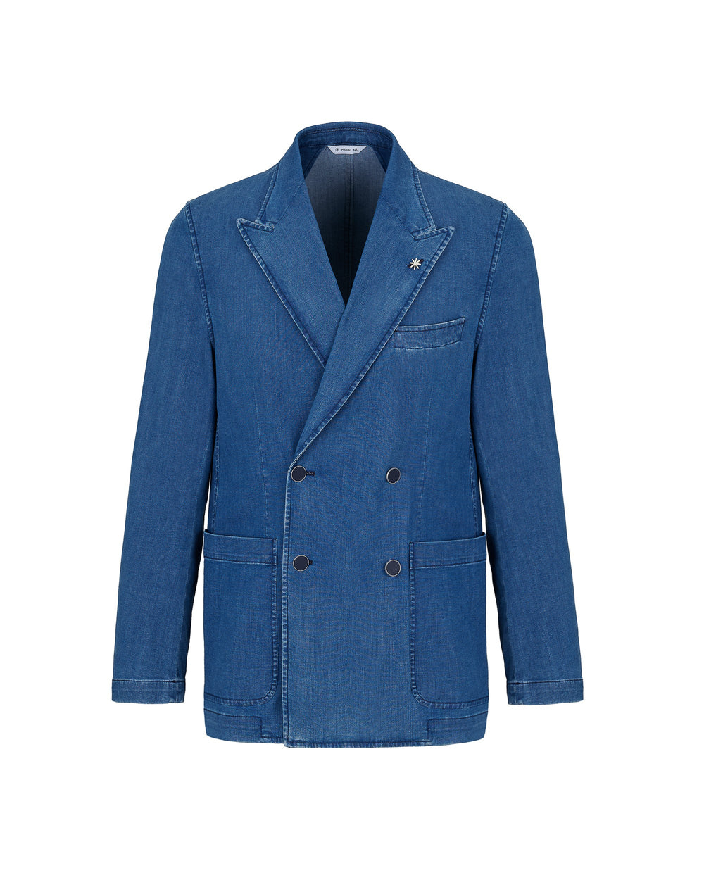 blue denim double breasted blazer