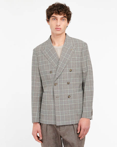blue nuvola double breasted stretch cotton blend check blazer