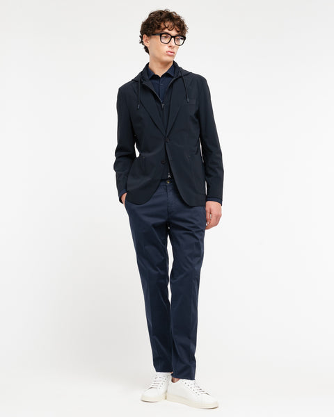 blue technical stretch hooded blazer