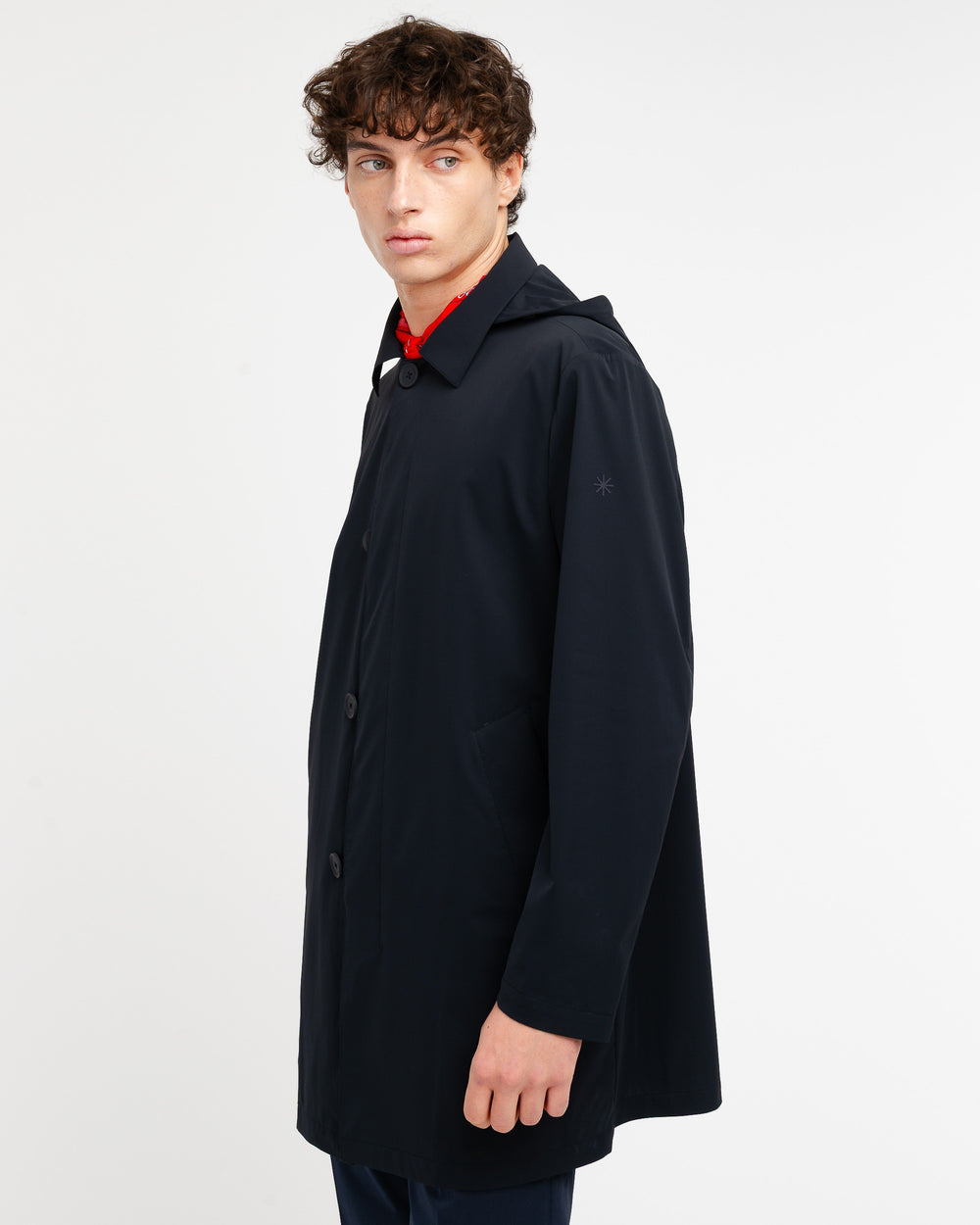 blue technical microfibre trench coat