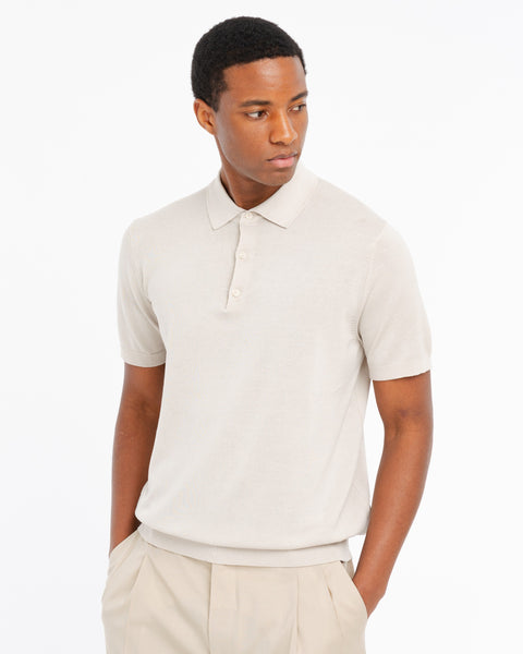 beige cotton knit polo shirt