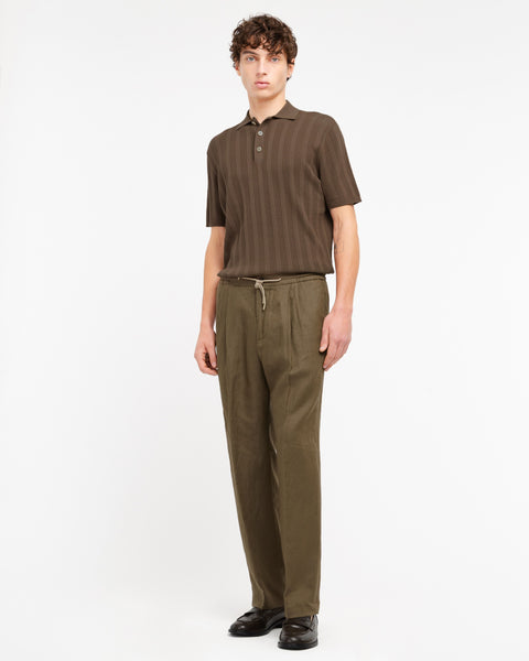 brown vertical striped perforated cotton polo shirt