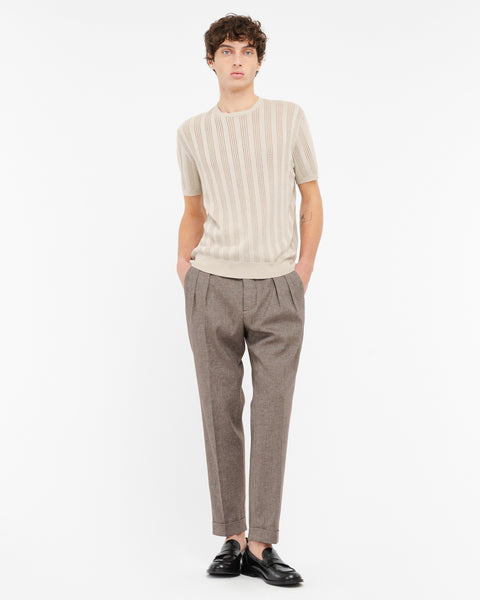 beige perforated vertical stripe cotton t-shirt