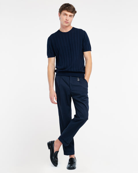 blue perforated vertical stripe cotton t-shirt