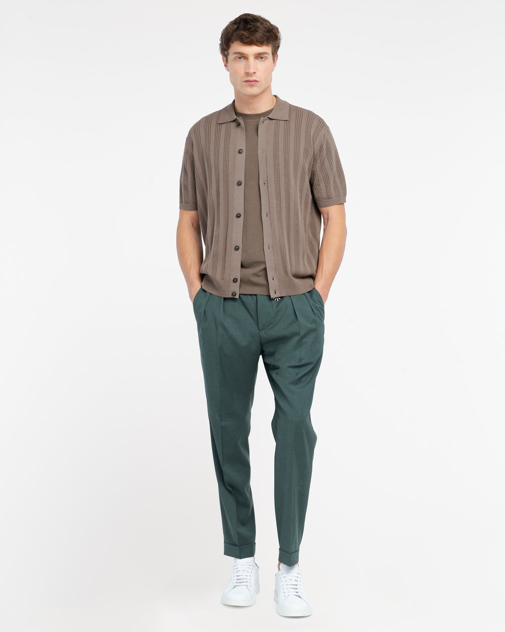 brown cotton knit shirt with vertical perforated stripes