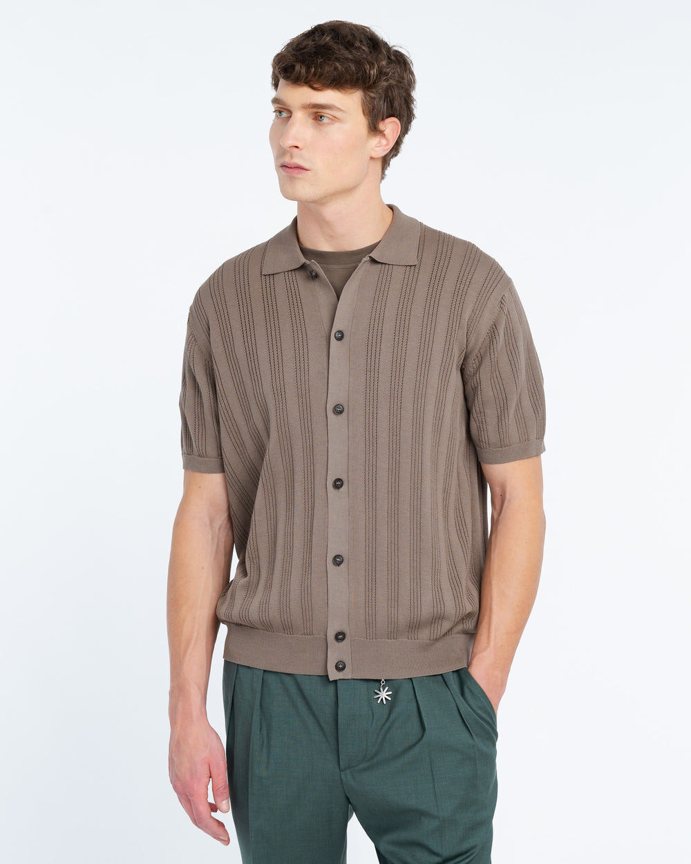 brown cotton knit shirt with vertical perforated stripes