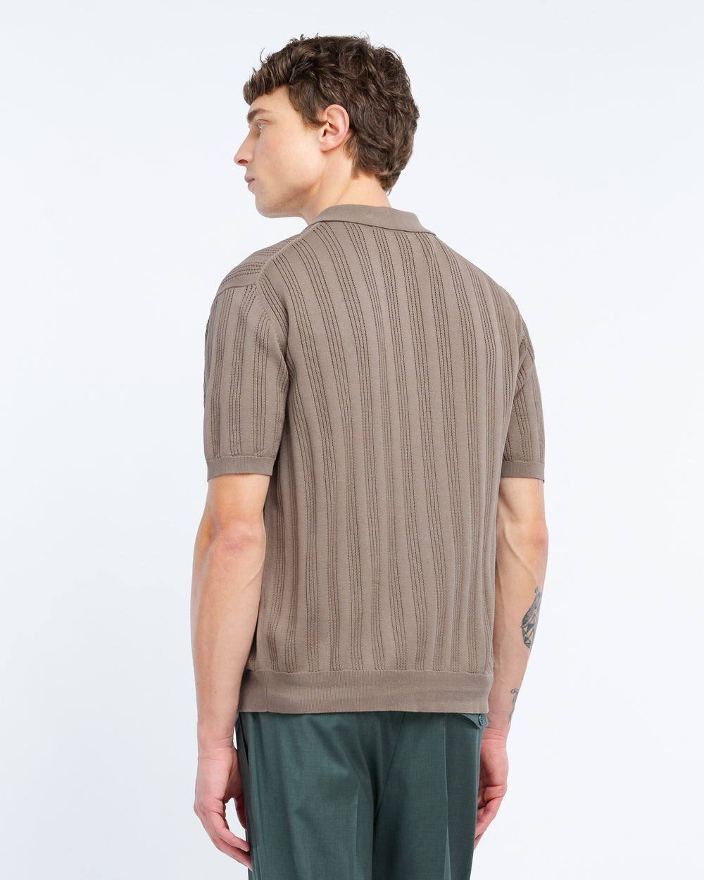 brown cotton knit shirt with vertical perforated stripes