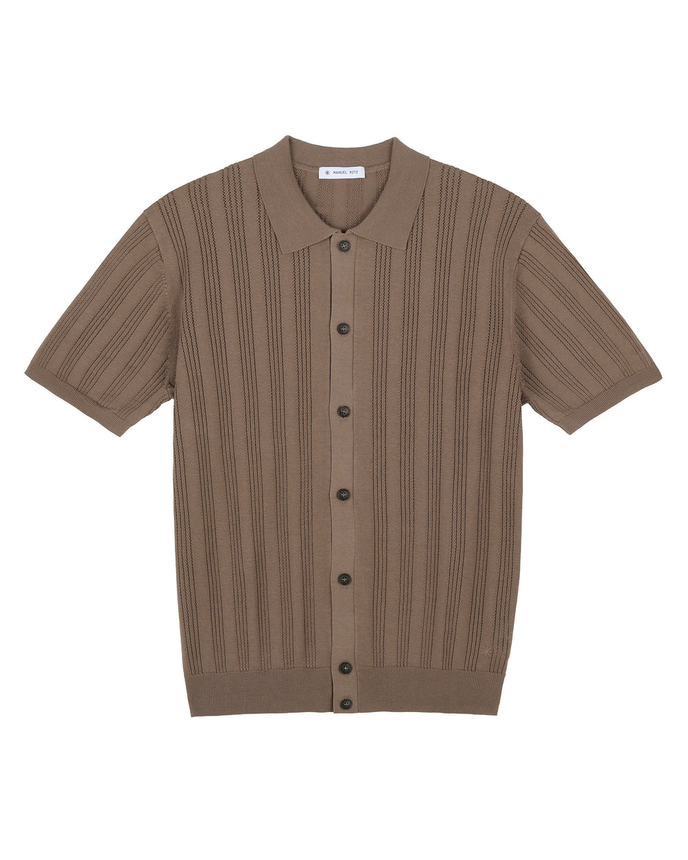 brown cotton knit shirt with vertical perforated stripes