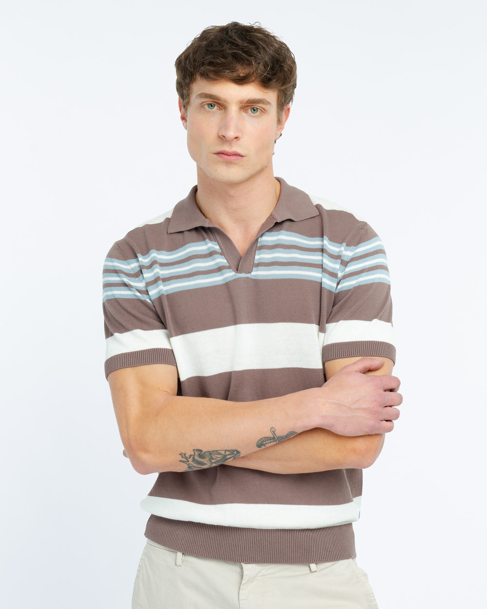 brown open collar multi stripe polo shirt in brushed cotton