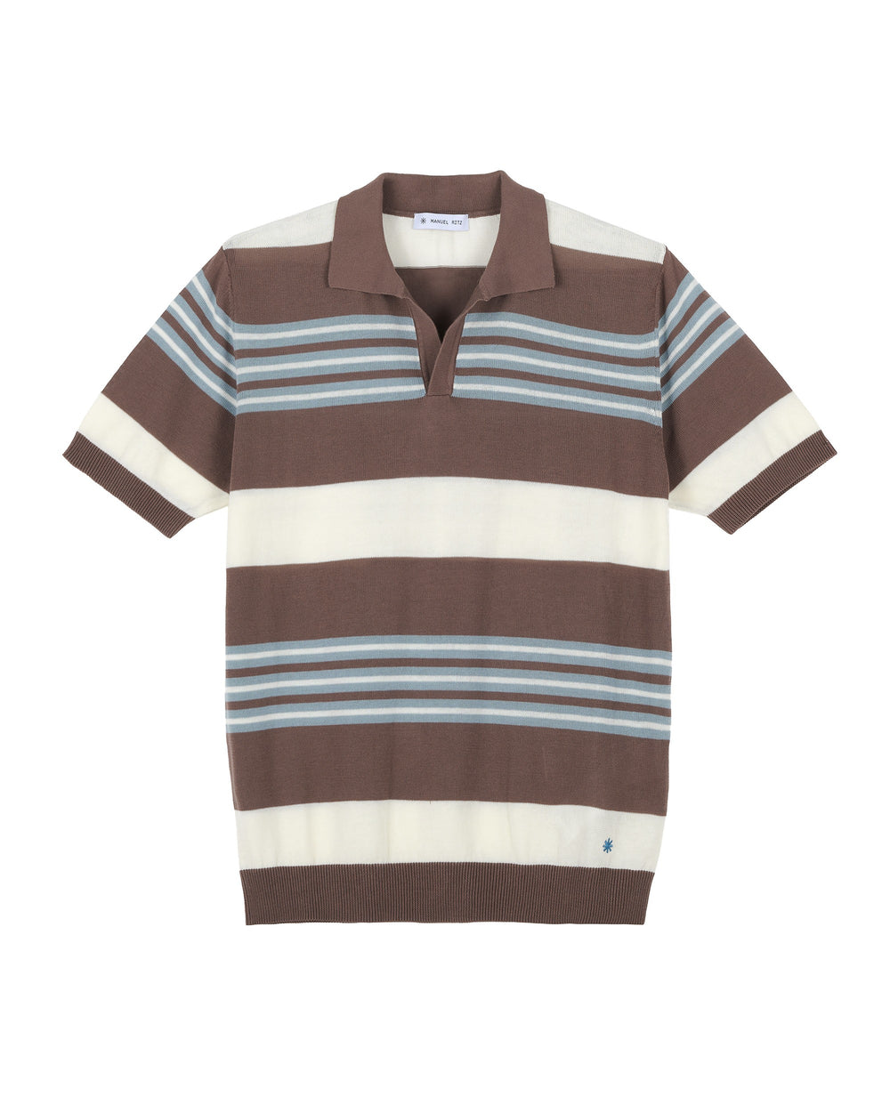 brown open collar multi stripe polo shirt in brushed cotton