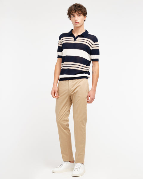 blue open collar multi stripe polo shirt in brushed cotton