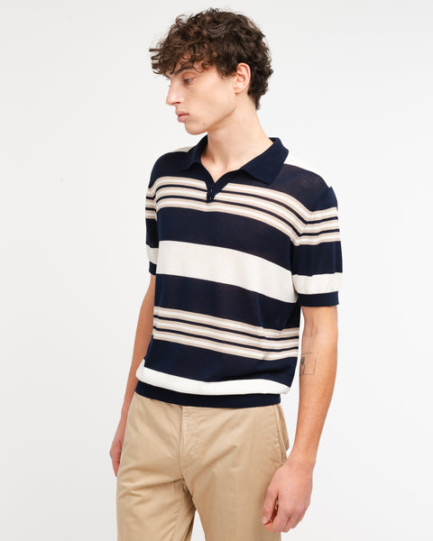blue open collar multi stripe polo shirt in brushed cotton