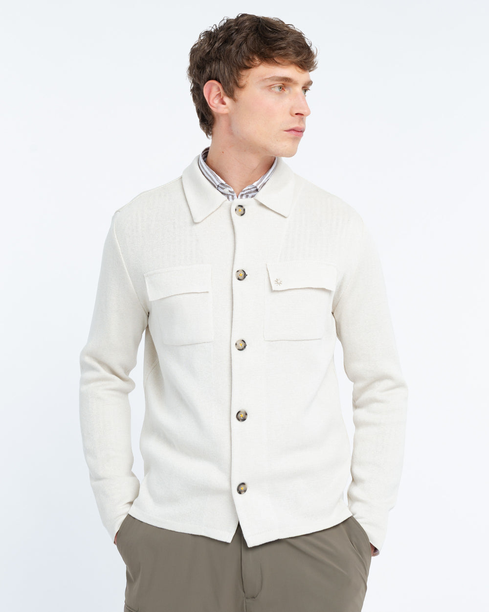 white overshirt in satin cotton blend knit