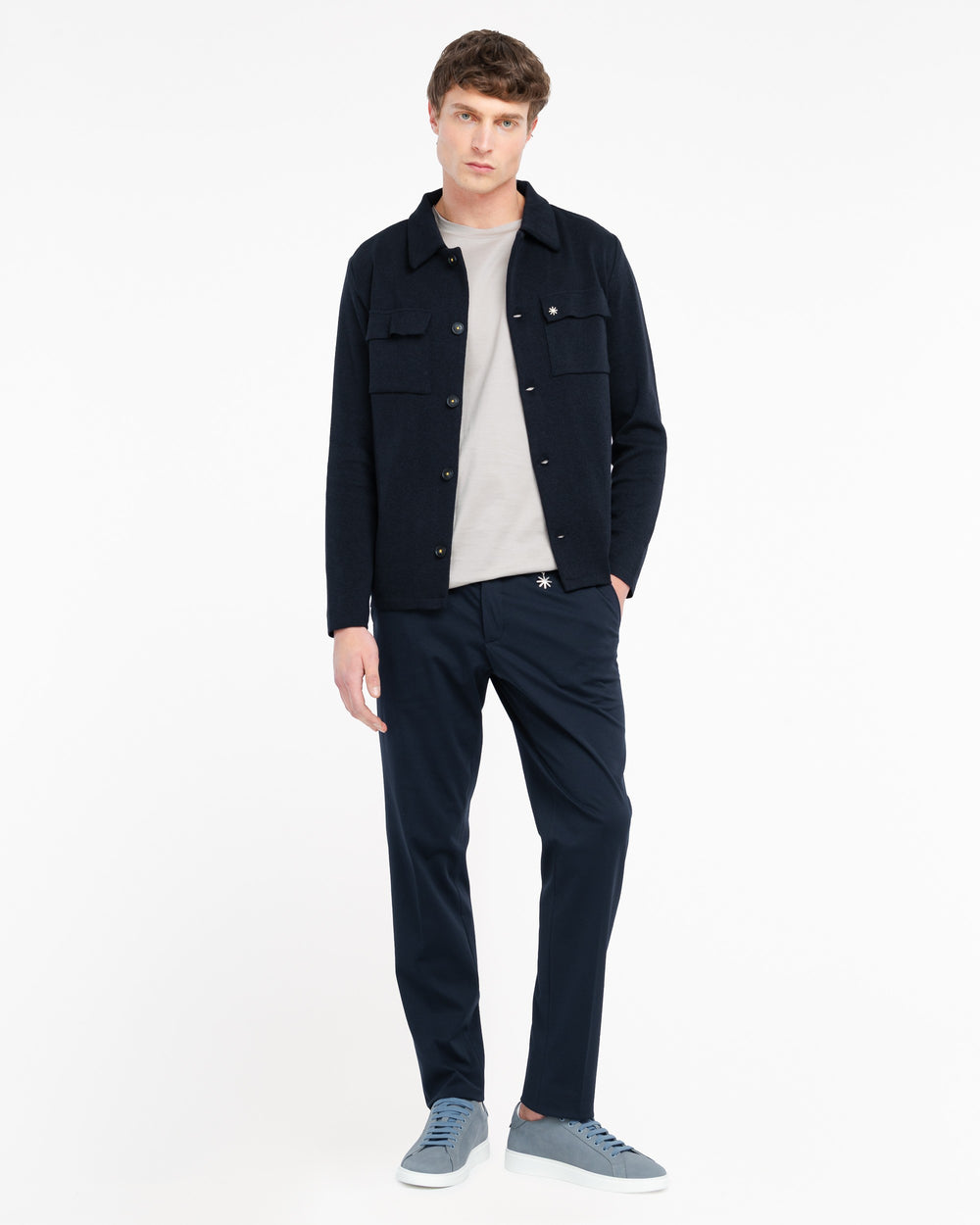 blue overshirt in satin cotton blend knit