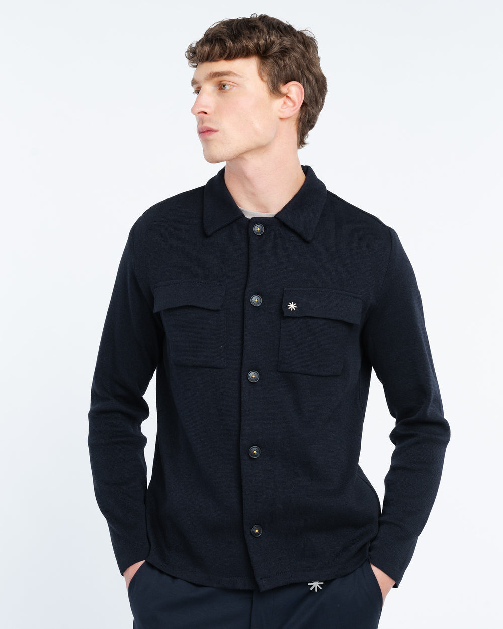 blue overshirt in satin cotton blend knit