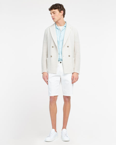 white double breasted cotton interlock stitching knitted blazer
