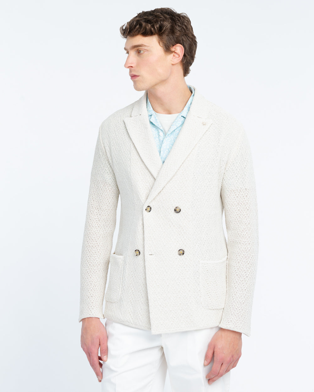 white double breasted cotton interlock stitching knitted blazer