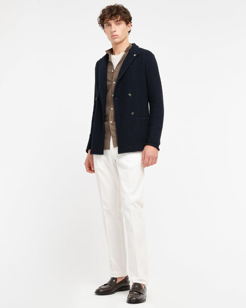 blue double breasted cotton interlock stitching knitted blazer