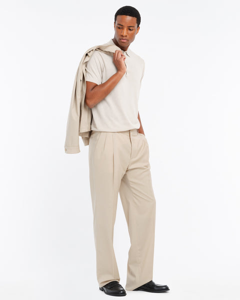 beige relaxed fit double pleat trousers in cool stretch wool