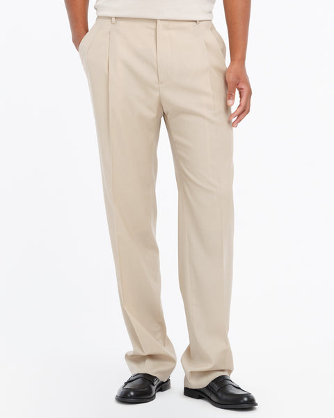beige relaxed fit double pleat trousers in cool stretch wool