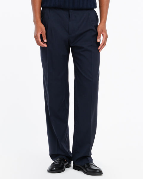 blue relaxed fit double pleat trousers in cool stretch wool