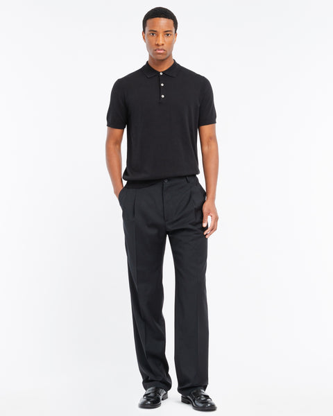 black relaxed fit double pleat trousers in cool stretch wool