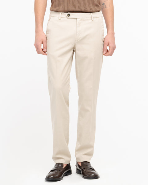 beige slim fit micro textured stretch cotton trousers