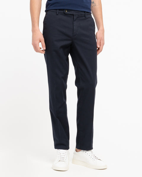 blue slim fit micro textured stretch cotton trousers