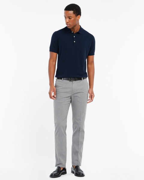 beige slim fit micro textured stretch cotton blend trousers