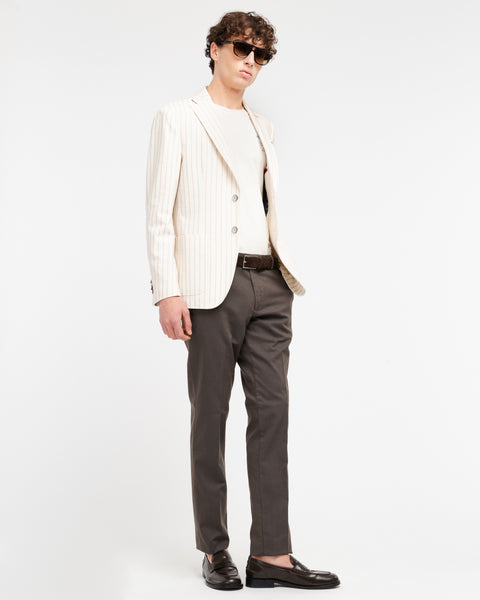 brown slim fit micro textured stretch cotton blend trousers