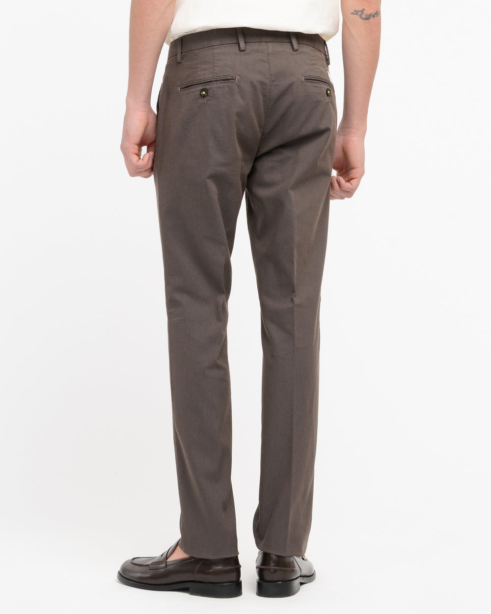 brown slim fit micro textured stretch cotton blend trousers