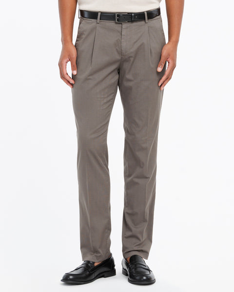 brown micro texture twill cotton stretch pleated trousers