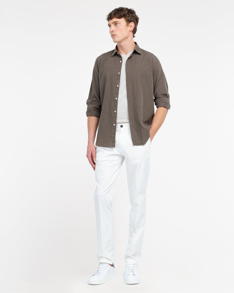 white stretch cotton twill pleated trousers