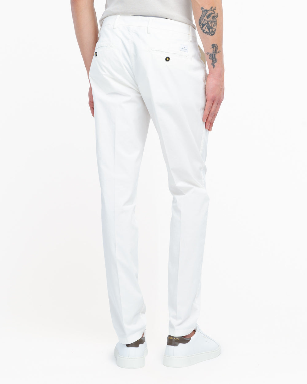 white stretch cotton twill pleated trousers