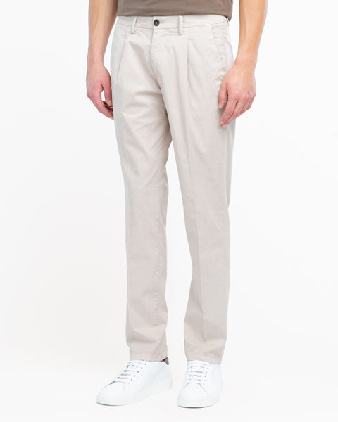 beige stretch cotton twill pleated trousers
