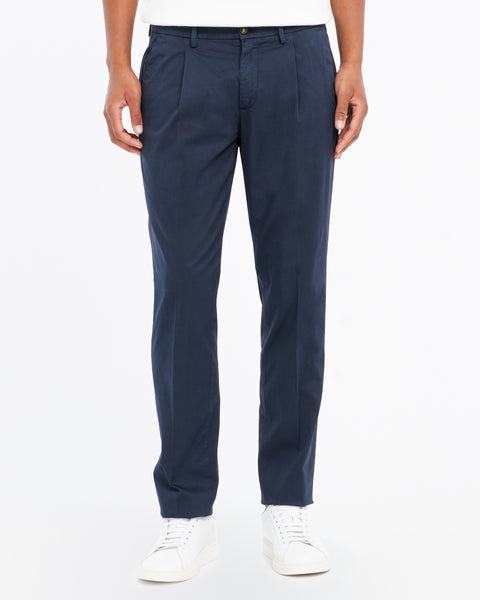 blue stretch cotton twill pleated trousers