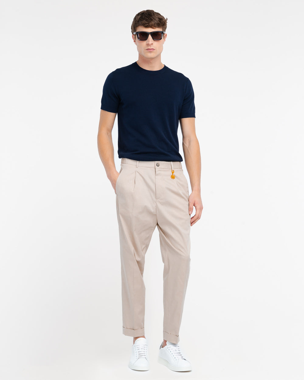 beige stretch cotton blend carrot twill trousers