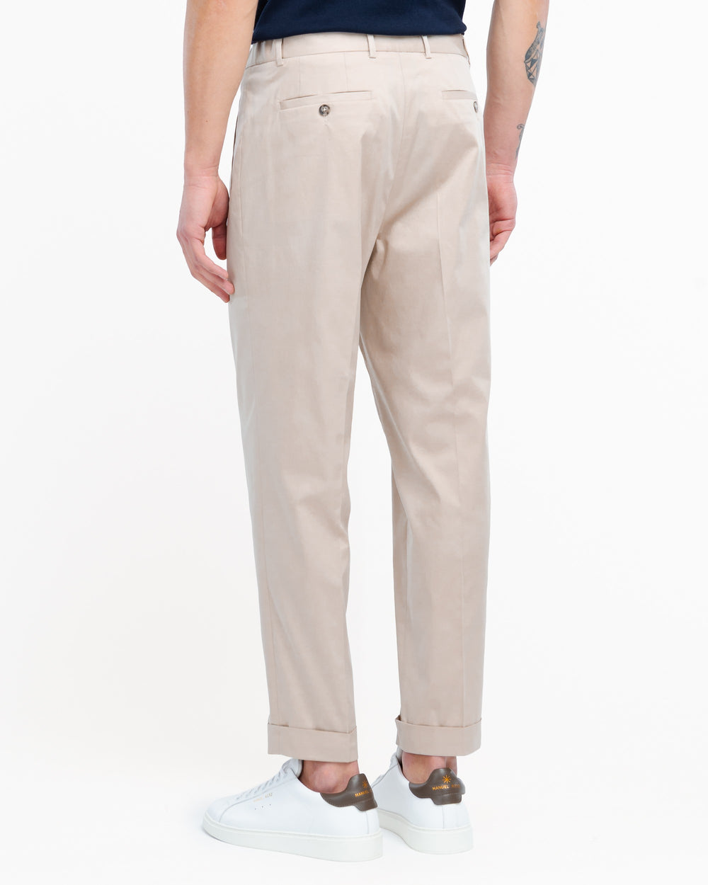 beige stretch cotton blend carrot twill trousers