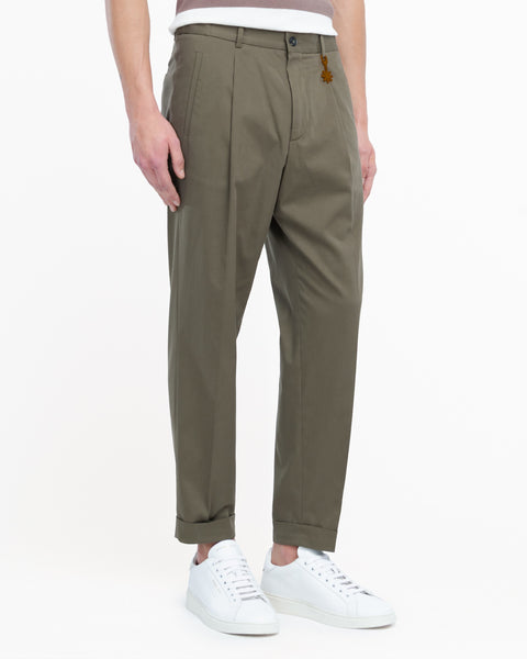 green stretch cotton blend carrot twill trousers