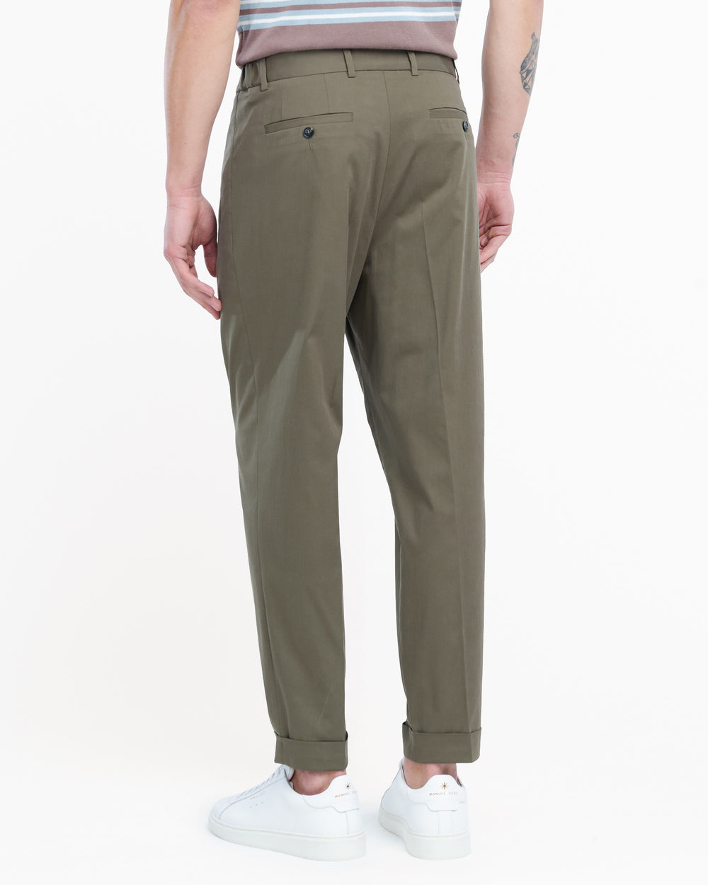 green stretch cotton blend carrot twill trousers