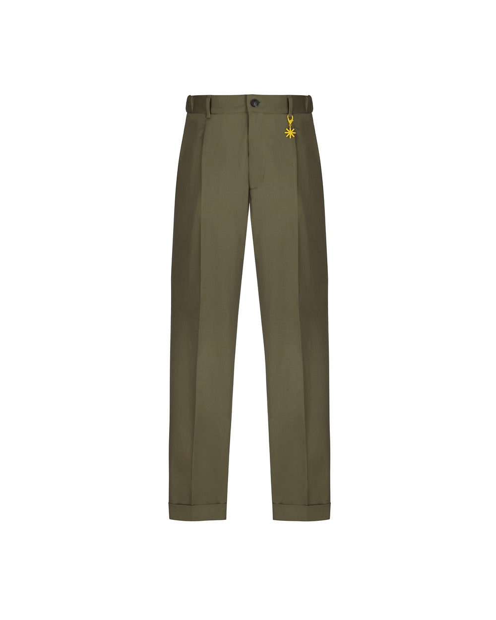 green stretch cotton blend carrot twill trousers