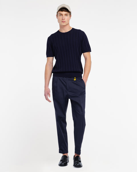 blue stretch cotton blend carrot twill trousers