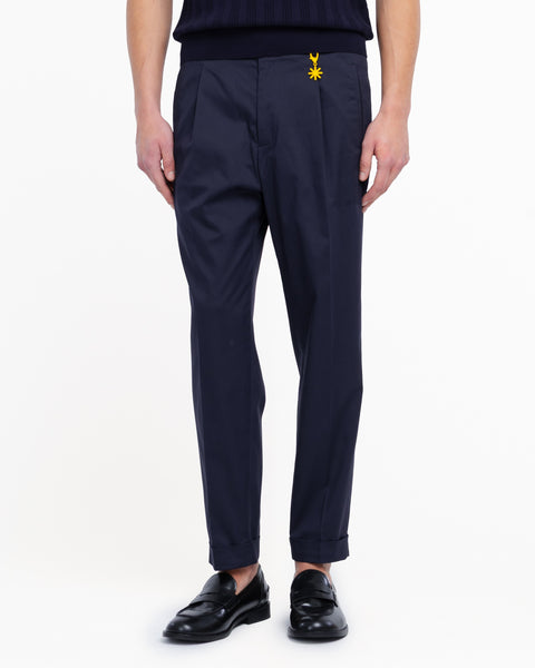 blue stretch cotton blend carrot twill trousers