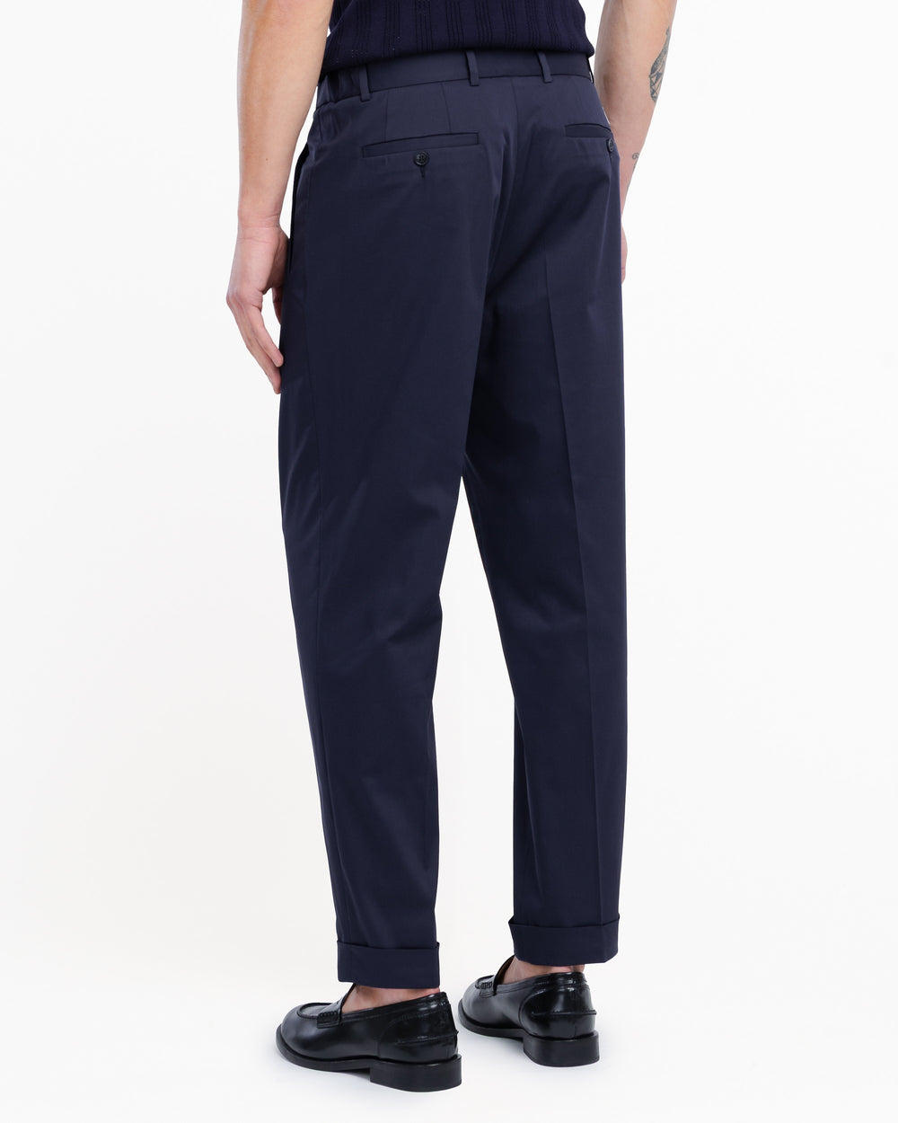 blue stretch cotton blend carrot twill trousers