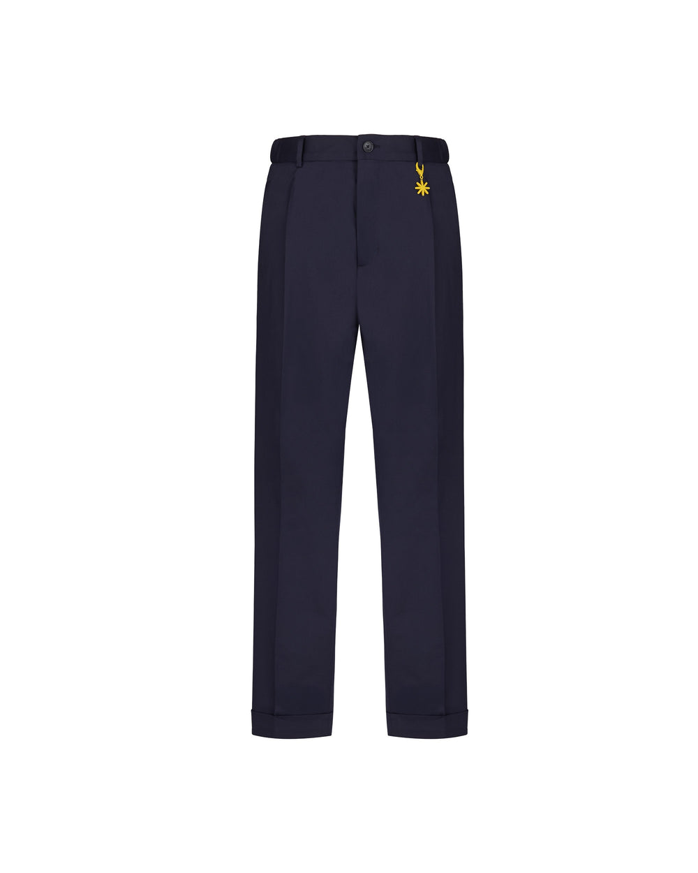 blue stretch cotton blend carrot twill trousers