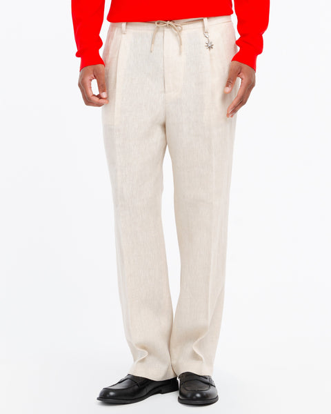 beige relaxed drawstring chinos in linen