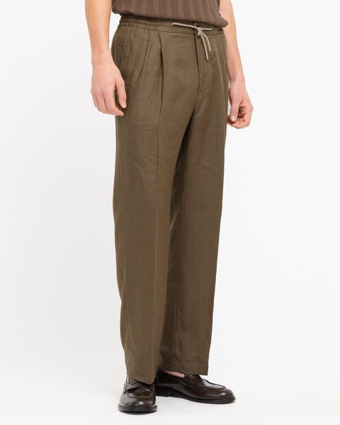 brown relaxed drawstring chinos in linen